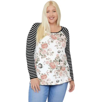 Fashnzfab Floral Top Featuring Raglan Style Striped Sleeves And A Round Neck In White