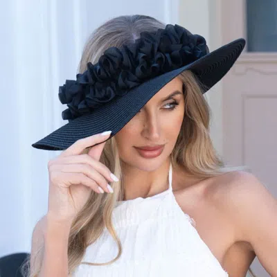 Fashnzfab Floral Trim Open Top Wide Brim Straw Sun Hat In Black