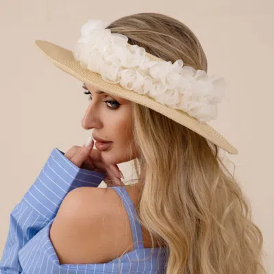 Fashnzfab Floral Trim Open Top Wide Brim Straw Sun Hat In Sand