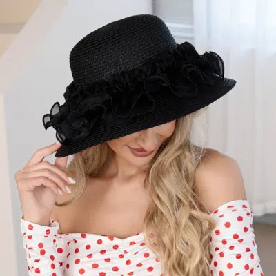 Fashnzfab Floral Trim Straw Sun Hat In Black