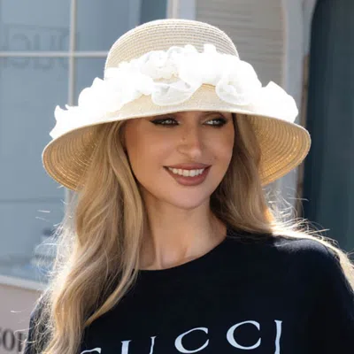 Fashnzfab Floral Trim Straw Sun Hat In Sand