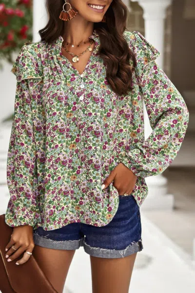 Fashnzfab Floral V Neck Button Ruffle Long Sleeve Top