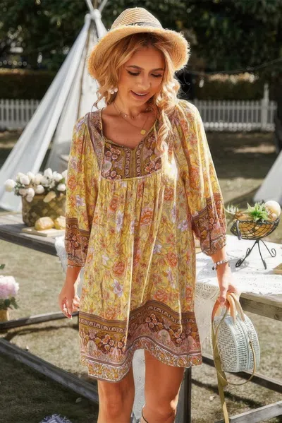 Fashnzfab Floral V Neck Long Sleeve Boho A Line Dress
