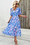 Fashnzfab Floral V Neck Puffed Sleeve High Waist Dress