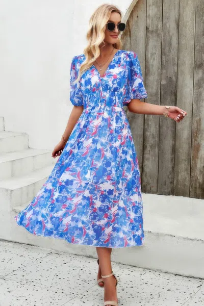Fashnzfab Floral V Neck Puffed Sleeve High Waist Dress