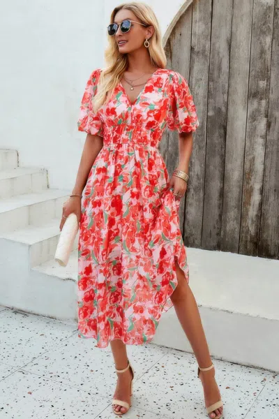 Fashnzfab Floral V Neck Puffed Sleeve High Waist Dress