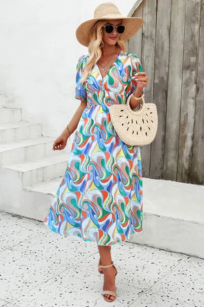 Fashnzfab Floral V Neck Puffed Sleeve High Waist Dress