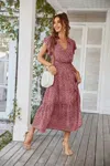 Fashnzfab Floral V Neck Ruffle Short Sleeve High Waist Dress
