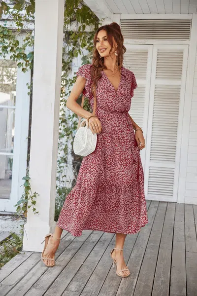 Fashnzfab Floral V Neck Ruffle Short Sleeve High Waist Dress In Pink
