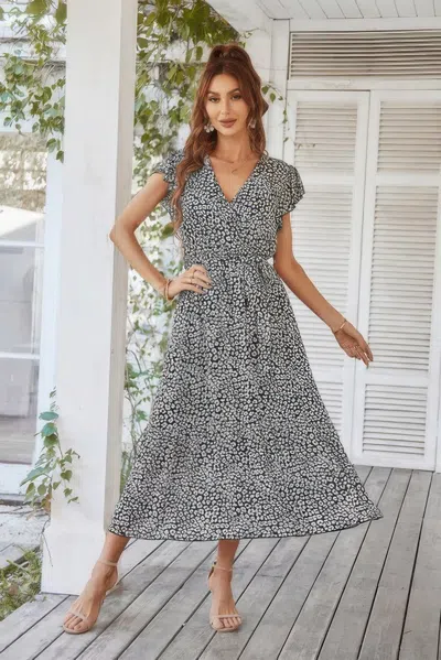 Fashnzfab Floral V Neck Ruffle Short Sleeve High Waist Dress In Black
