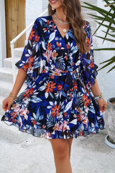 Fashnzfab Floral V Neck Waist Tie Ruffle Hem Wrap Dress In Black