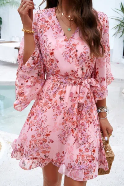 Fashnzfab Floral V Neck Waist Tie Ruffle Hem Wrap Dress In Pink