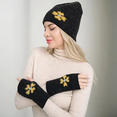 Fashnzfab Flower Accent Cozy Knit Winter Beanie Fingerless Gloves Set In Black