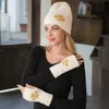 Fashnzfab Flower Accent Cozy Knit Winter Beanie Fingerless Gloves Set In Sand