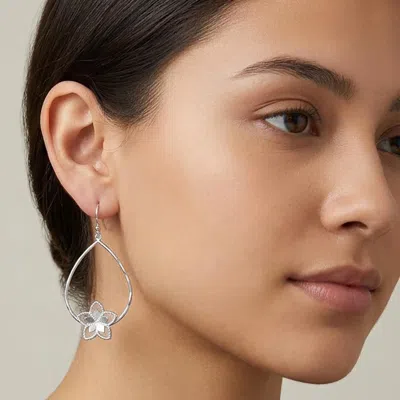 Fashnzfab Flower Accent Open Teardrop Dangle Earrings In Silver