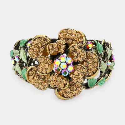 Fashnzfab Flower Accented Colored Metal Leaf Hinged Evening Bracelet Lt Col Topaz In Multi