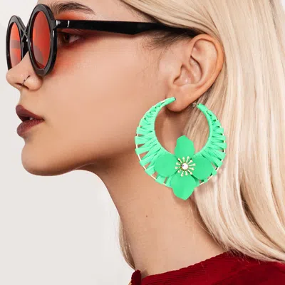Fashnzfab Flower Accented Raffia Wrapped Hoop Earrings - Green