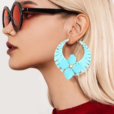 Fashnzfab Flower Accented Raffia Wrapped Hoop Earrings In Gold