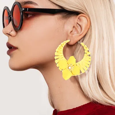 Fashnzfab Flower Accented Raffia Wrapped Hoop Earrings In Yellow