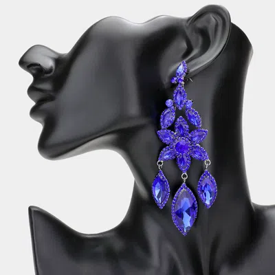 Fashnzfab Flower Accented Triple Marquise Stone Link Dangle Evening Earrings - Royal Blue