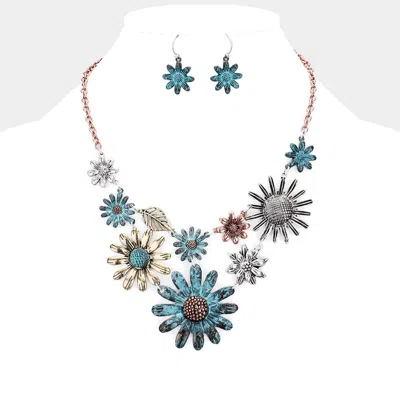 Fashnzfab Flower And Leaf Metal Garden Bib Necklace In Blue