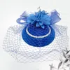 Fashnzfab Flower Bead Feather Netting Pearl Accented Fascinator / Headband In Blue