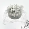 Fashnzfab Flower Bead Feather Netting Pearl Accented Fascinator / Headband In Gray