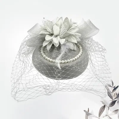Fashnzfab Flower Bead Feather Netting Pearl Accented Fascinator / Headband In Gray