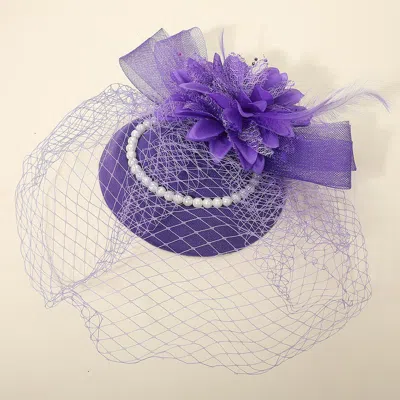 Fashnzfab Flower Bead Feather Netting Pearl Accented Fascinator / Headband In Purple