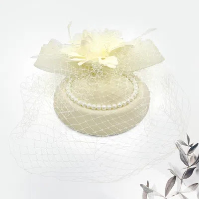 Fashnzfab Flower Bead Feather Netting Pearl Accented Fascinator / Headband In White
