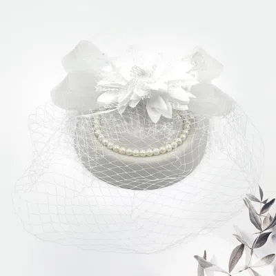 Fashnzfab Flower Bead Feather Netting Pearl Accented Fascinator / Headband In White
