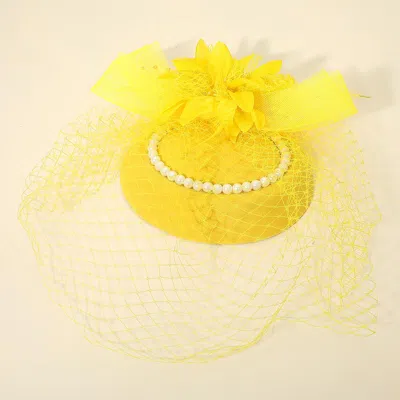 Fashnzfab Flower Bead Feather Netting Pearl Accented Fascinator / Headband In Yellow