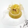Fashnzfab Flower Bead Feather Netting Pearl Accented Fascinator / Headband In Yellow
