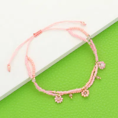 Fashnzfab Flower Beaded Cinch Pull Tie Bracelet Gold, Pink In Green