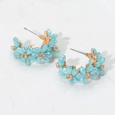 Fashnzfab Flower Beaded Hoop Earrings In Blue