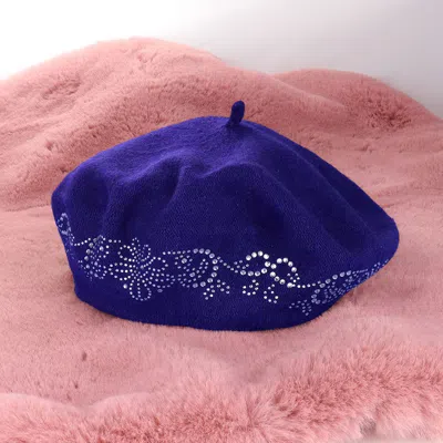 Fashnzfab Flower Bling Studded Beret Hat In Blue