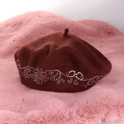 Fashnzfab Flower Bling Studded Beret Hat In Brown