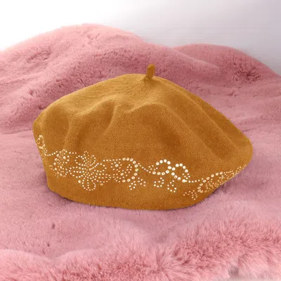 Fashnzfab Flower Bling Studded Beret Hat In Gold