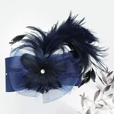 Fashnzfab Flower Bow Mesh Feather Pointed Fascinator / Hat In Blue