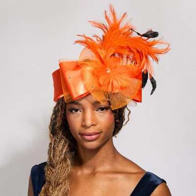 Fashnzfab Flower Bow Mesh Feather Pointed Fascinator / Hat In Orange