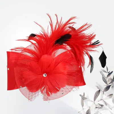 Fashnzfab Flower Bow Mesh Feather Pointed Fascinator / Hat In Red