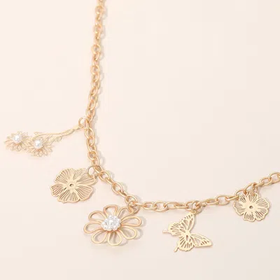 Fashnzfab Flower Butterfly Charm Station Necklace In Gold