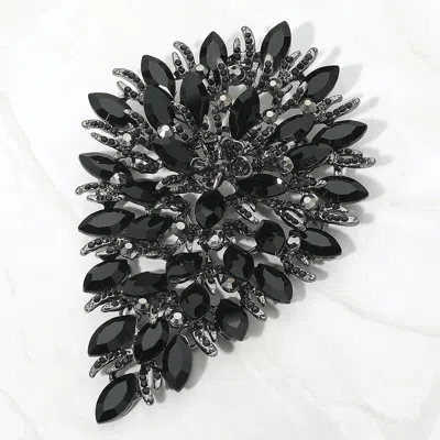 Fashnzfab Flower Centered Marquise Stone Cluster Vine Pin Brooch In Black