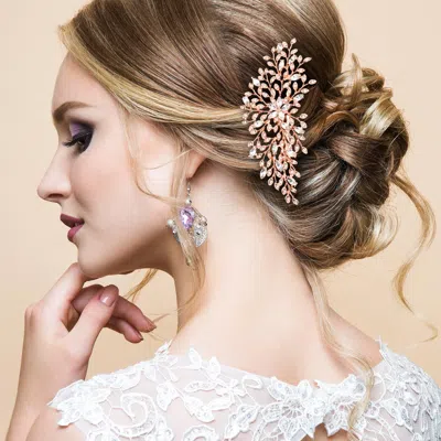 Fashnzfab Flower Centered Stone Embellished Leaf Cluster Hair Comb In Gold