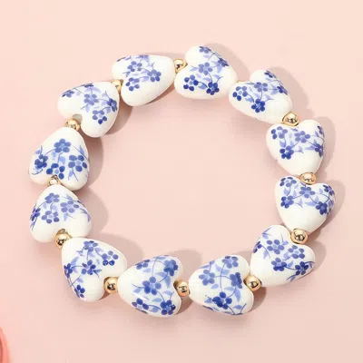 Fashnzfab Flower Ceramic Heart Beaded Stretch Bracelet Blue, Gold In Multi