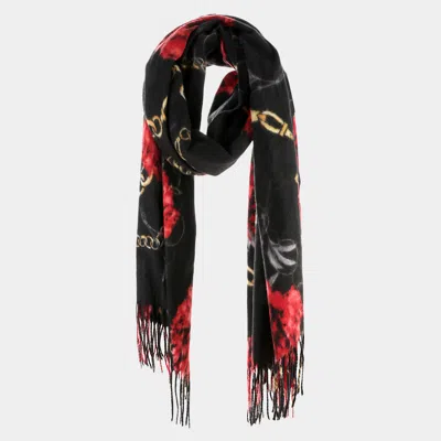Fashnzfab Flower Chain Print Tassel Oblong Scarf In Black