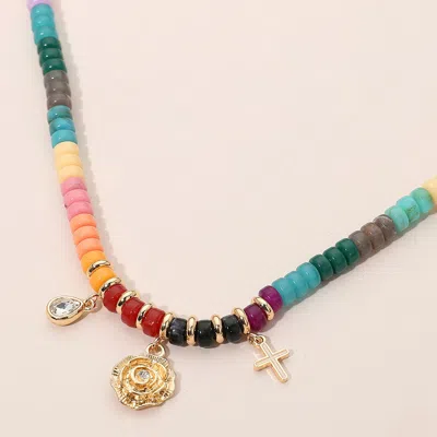 Fashnzfab Flower Cross Teardrop Stone Cluster Charm Multi Color Beaded Necklace In Blue