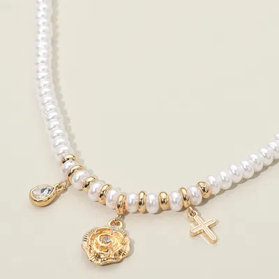 Fashnzfab Flower Cross Teardrop Stone Cluster Charm Pearl Beaded Necklace In Multi