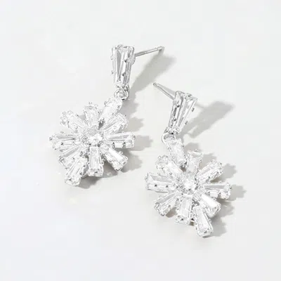 Fashnzfab Flower Cz Stone Cluster Dangle Evening Earrings - Clear, Silver In White