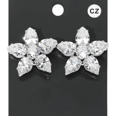 Fashnzfab Flower Cz Stone Cluster Evening Earrings - Clear, Silver In White
